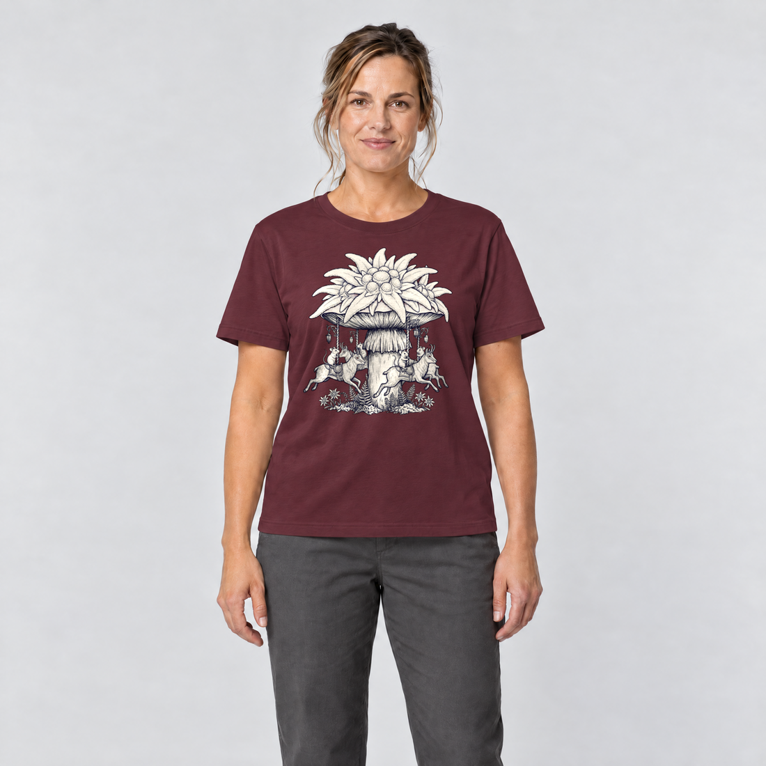 Frau trägt Edelweiß-Karussell – T-Shirt Unisex in Bordeaux, Ansicht von vorn