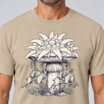 Nahaufnahme des Drucks: Edelweiß-Karussell – T-Shirt Unisex in Sand, von einem Mann getragen
