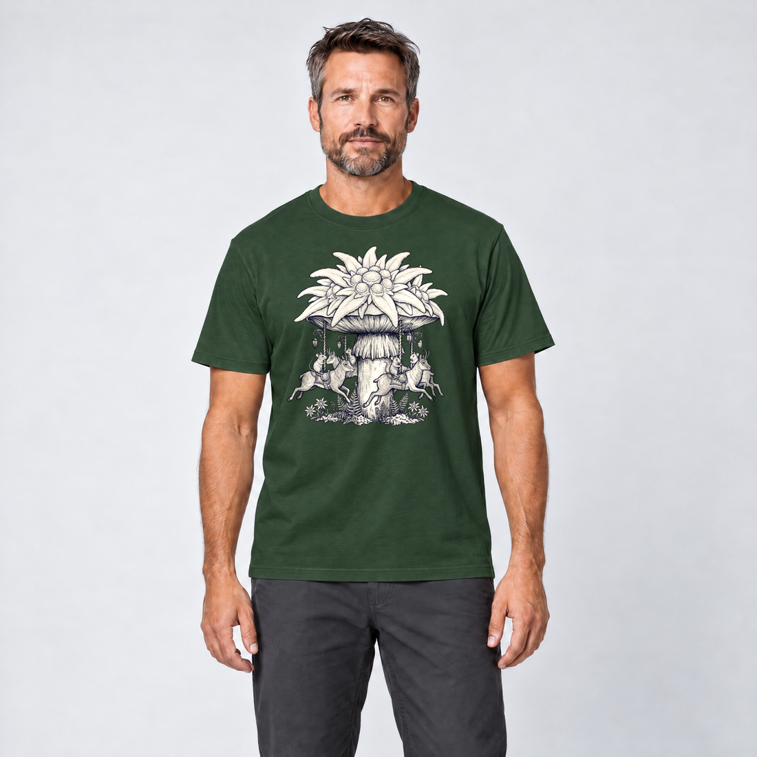 Mann trägt Edelweiß-Karussell – T-Shirt Unisex in Flaschengrün, Ansicht von vorn