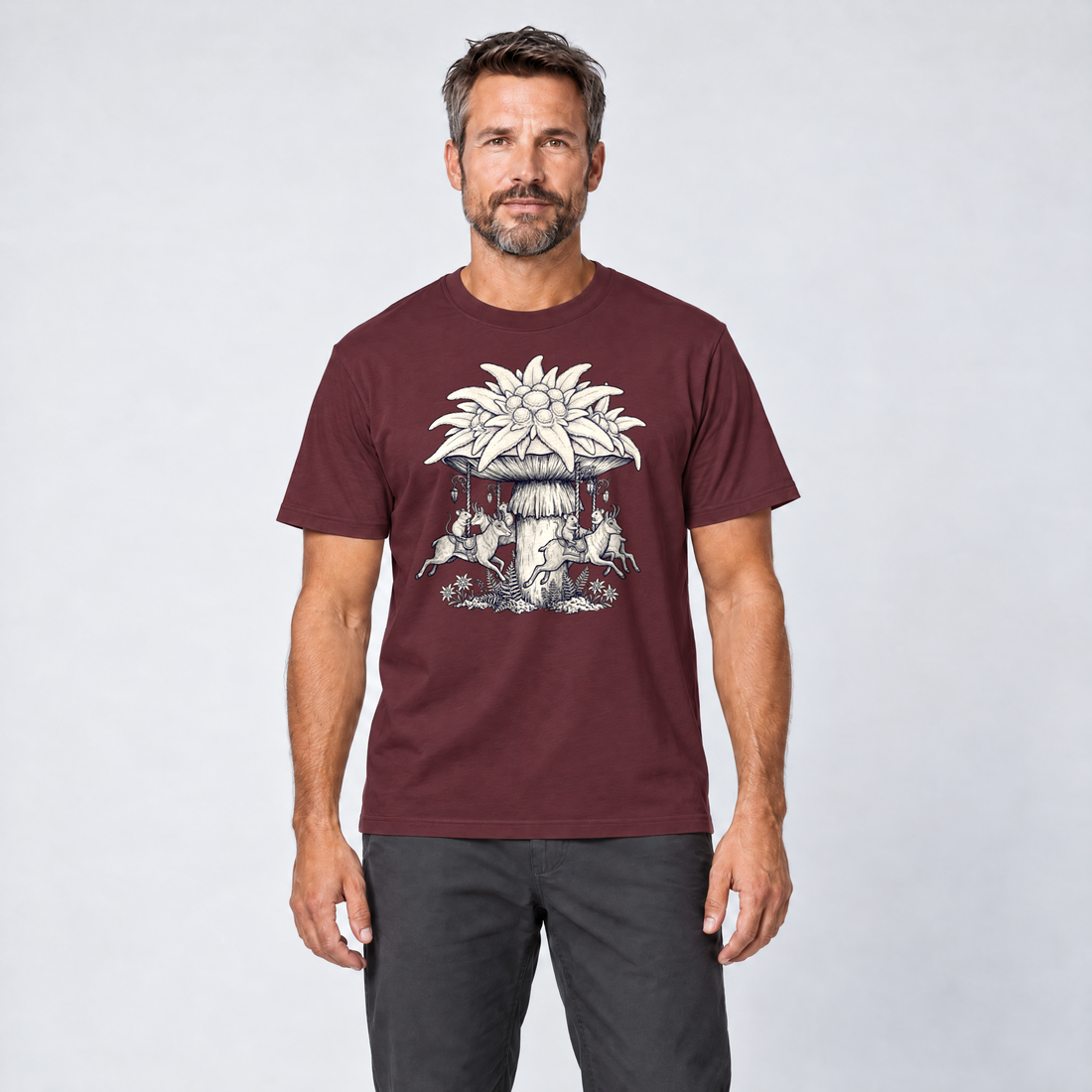 Mann trägt Edelweiß-Karussell – T-Shirt Unisex in Bordeaux, Ansicht von vorn