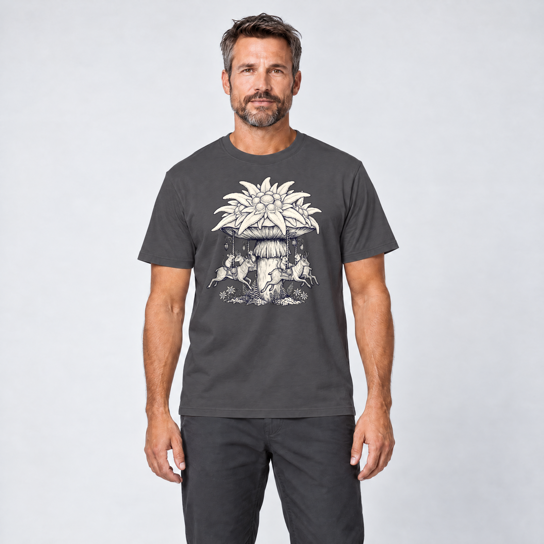 Mann trägt Edelweiß-Karussell – T-Shirt Unisex in Dunkelgrau, Ansicht von vorn