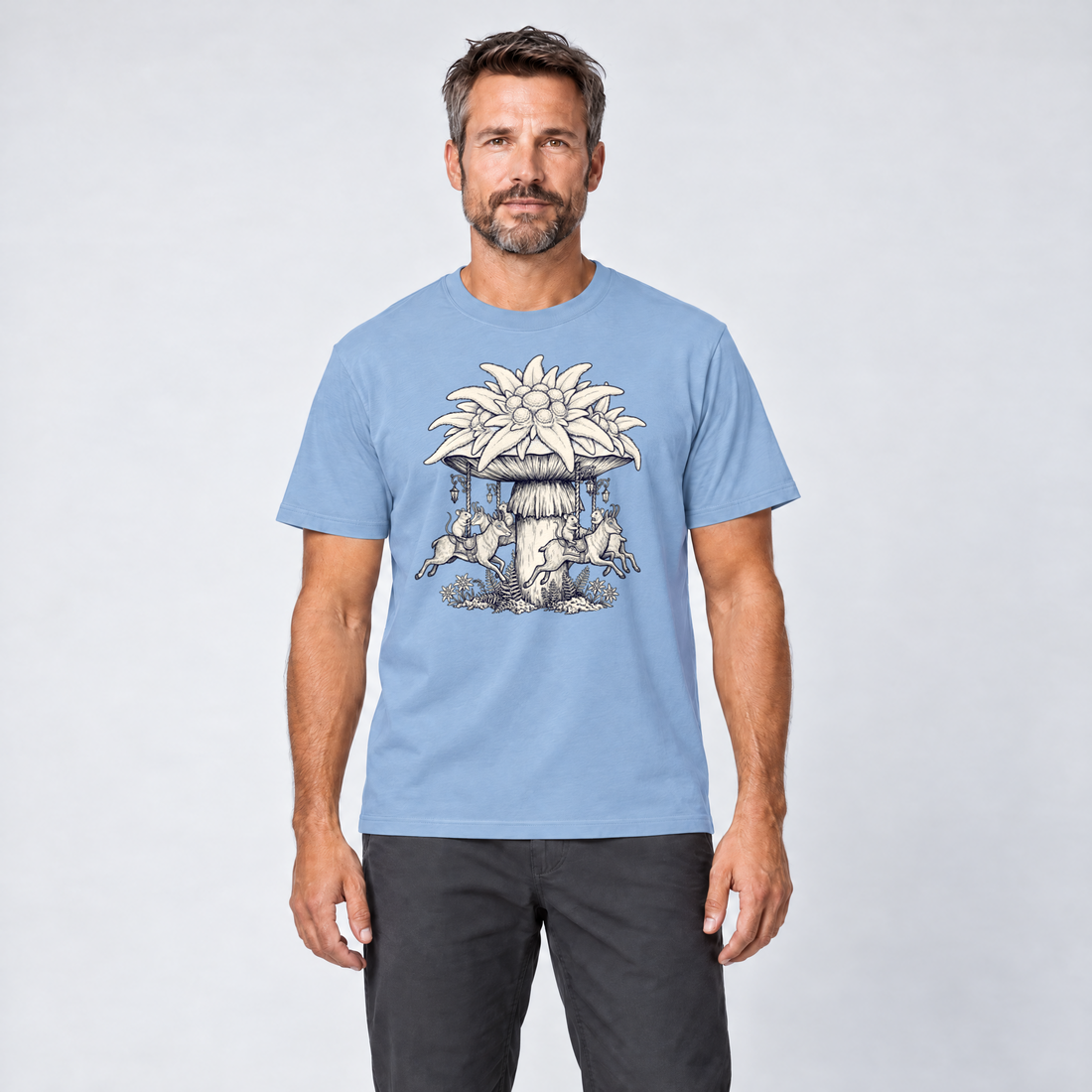 Mann trägt Edelweiß-Karussell – T-Shirt Unisex in Himmelblau, Ansicht von vorn