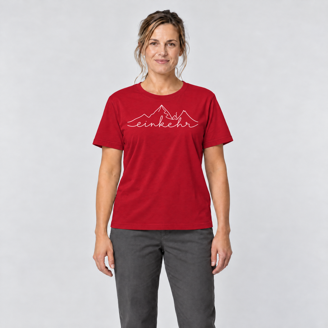 Frau trägt Einkehr – T-Shirt Unisex in Rot, Ansicht von vorn
