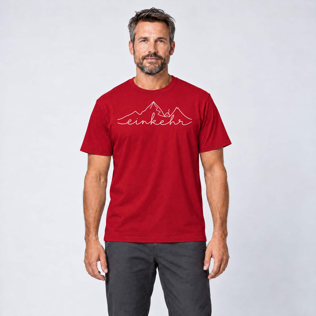 Mann trägt Einkehr – T-Shirt Unisex in Rot, Ansicht von vorn