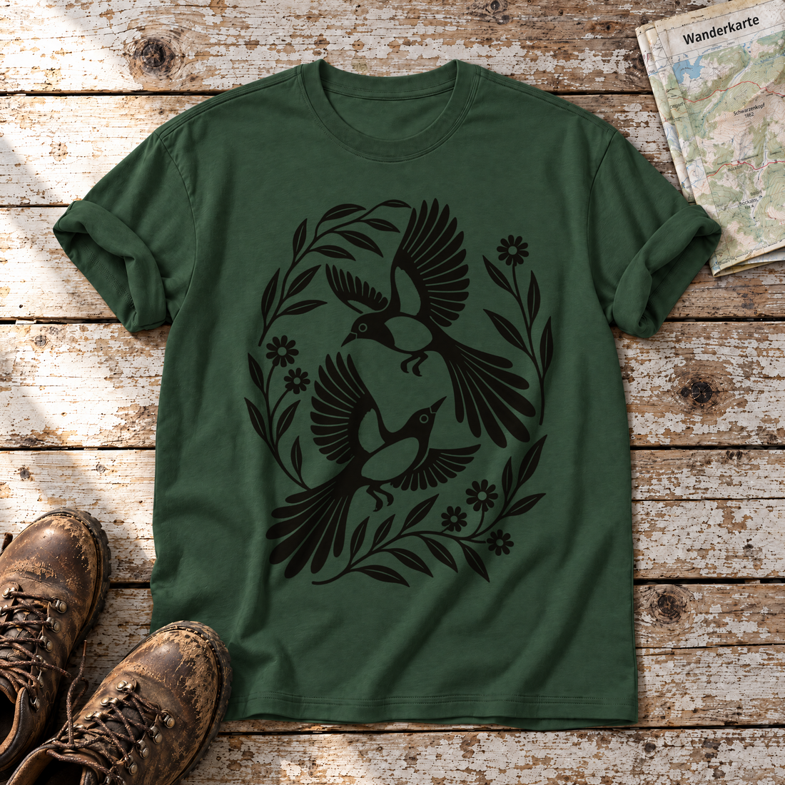 Elsternpaar im Scherenschnitt – T-Shirt Unisex in Flaschengrün, flach liegend auf alten Holzbrettern mit Wanderschuhen und Wanderkarte.