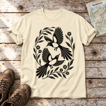 Elsternpaar im Scherenschnitt – T-Shirt Unisex in Natur, flach liegend auf alten Holzbrettern mit Wanderschuhen und Wanderkarte.