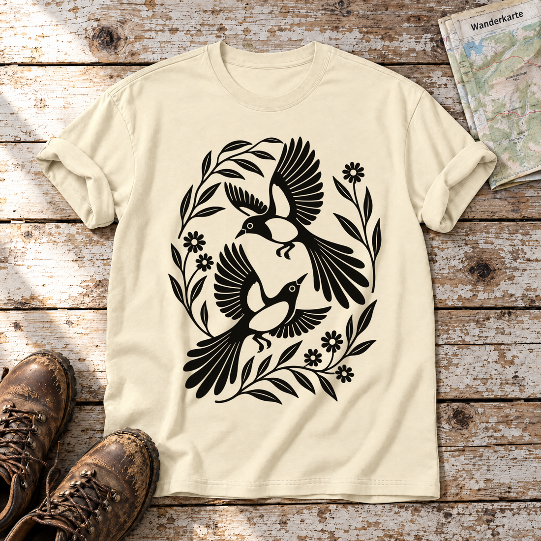 Elsternpaar im Scherenschnitt – T-Shirt Unisex in Natur, flach liegend auf alten Holzbrettern mit Wanderschuhen und Wanderkarte.