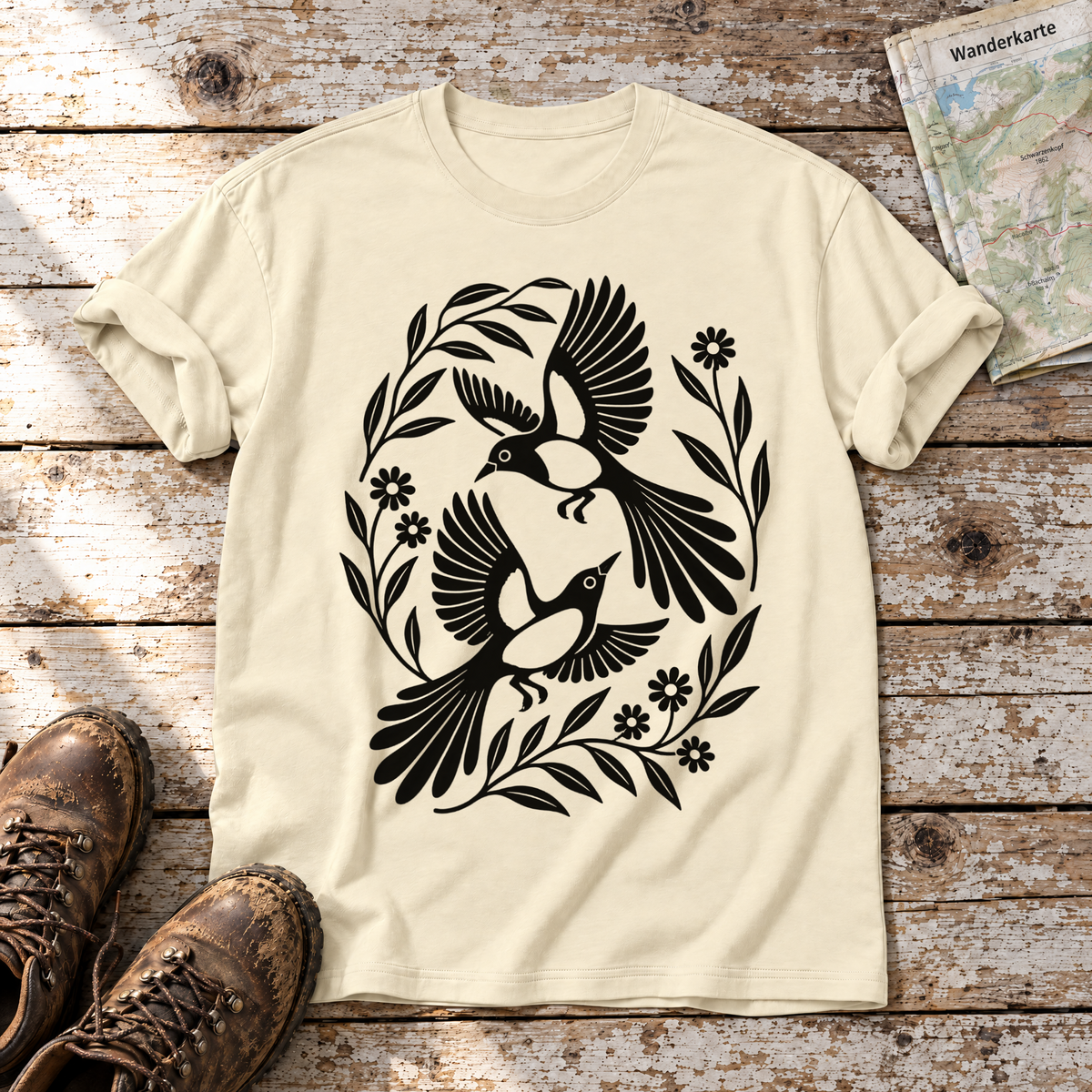 Elsternpaar im Scherenschnitt – T-Shirt Unisex in Natur, flach liegend auf alten Holzbrettern mit Wanderschuhen und Wanderkarte.