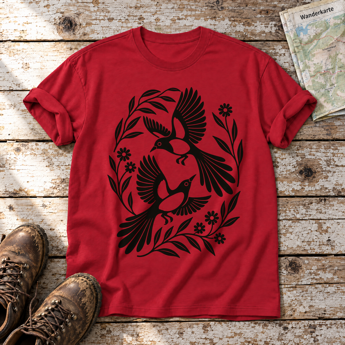 Elsternpaar im Scherenschnitt – T-Shirt Unisex in Rot, flach liegend auf alten Holzbrettern mit Wanderschuhen und Wanderkarte.