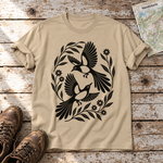 Elsternpaar im Scherenschnitt – T-Shirt Unisex in Sand, flach liegend auf alten Holzbrettern mit Wanderschuhen und Wanderkarte.