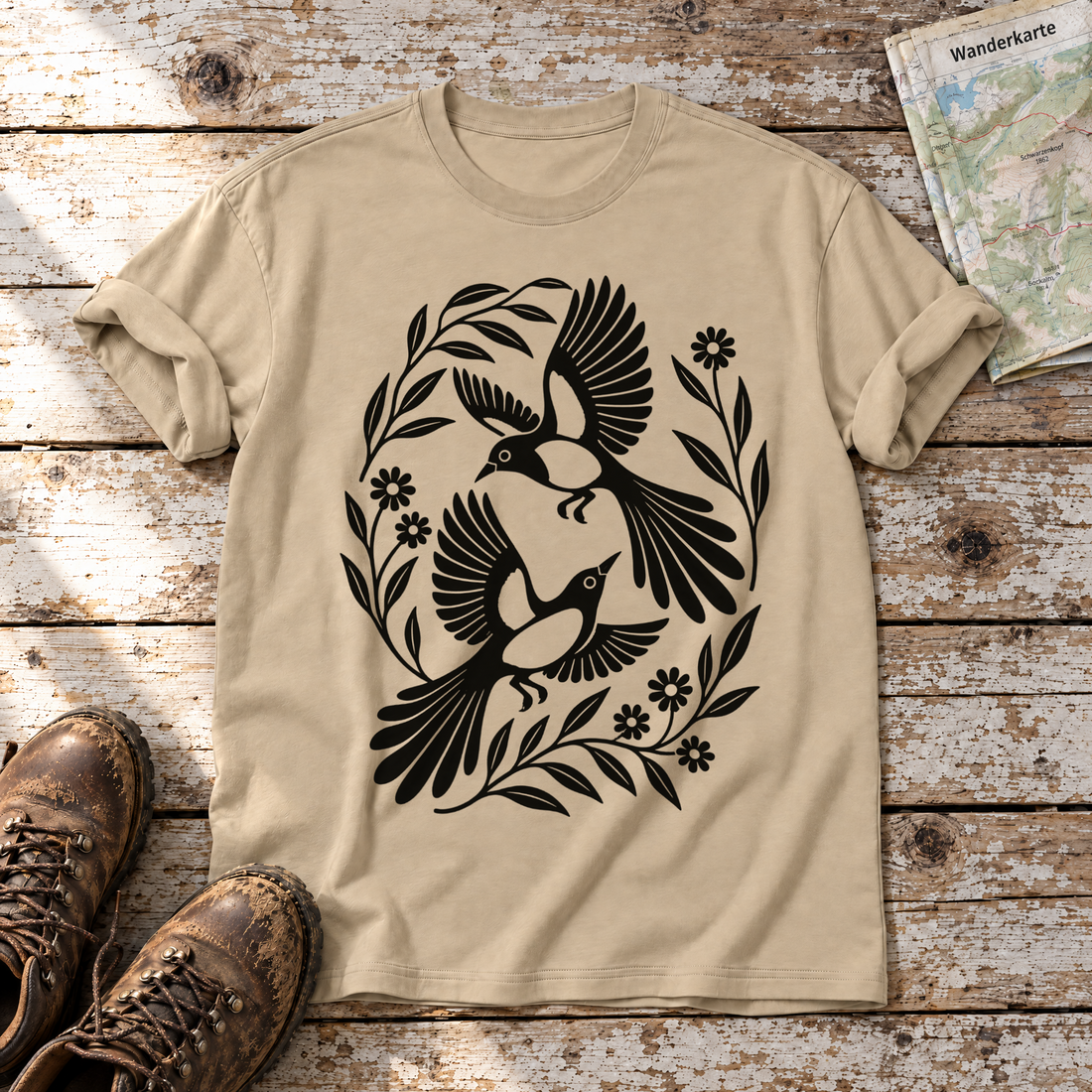 Elsternpaar im Scherenschnitt – T-Shirt Unisex in Sand, flach liegend auf alten Holzbrettern mit Wanderschuhen und Wanderkarte.