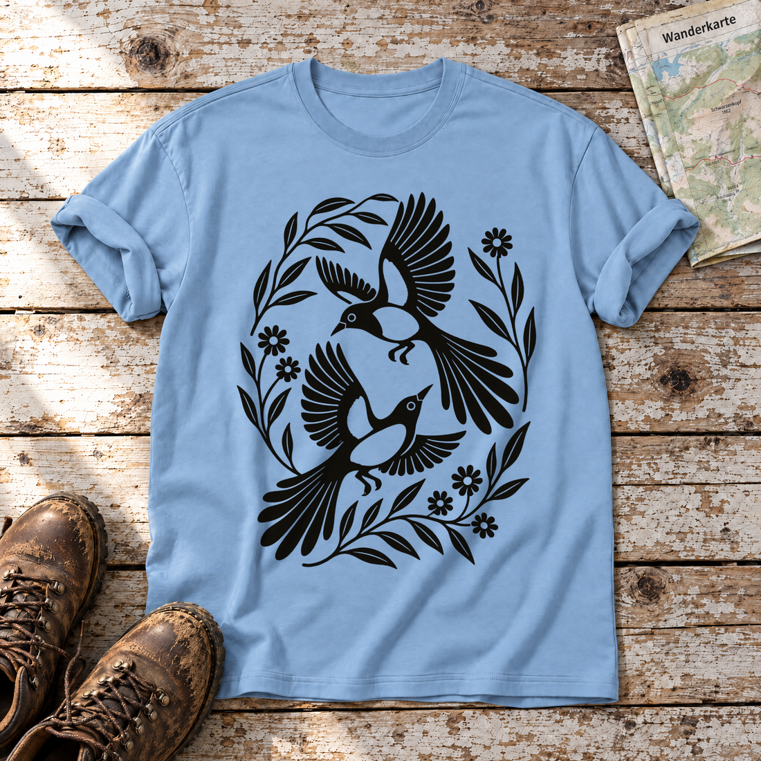 Elsternpaar im Scherenschnitt – T-Shirt Unisex in Himmelblau, flach liegend auf alten Holzbrettern mit Wanderschuhen und Wanderkarte.