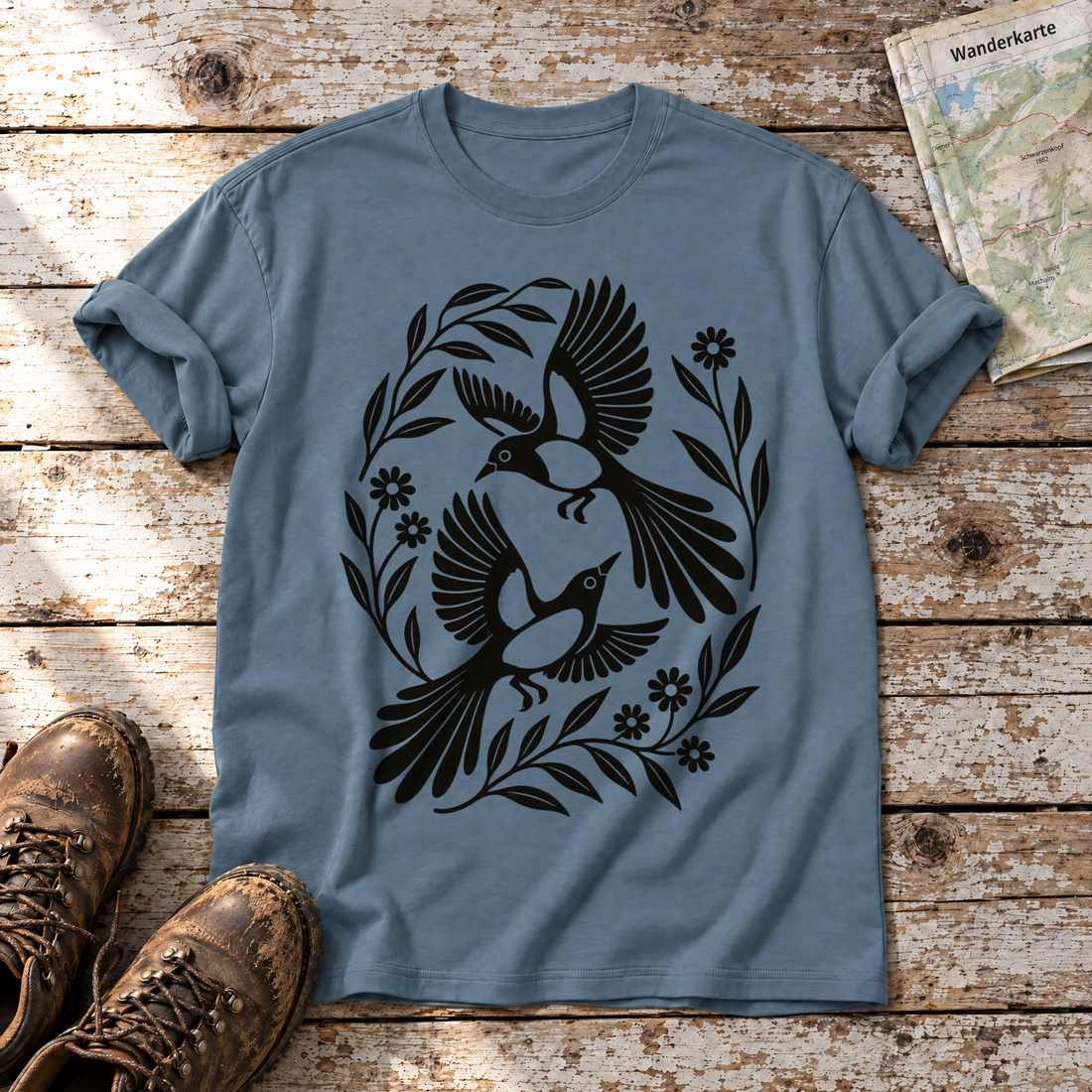 Elsternpaar im Scherenschnitt – T-Shirt Unisex in Steinblau, flach liegend auf alten Holzbrettern mit Wanderschuhen und Wanderkarte.