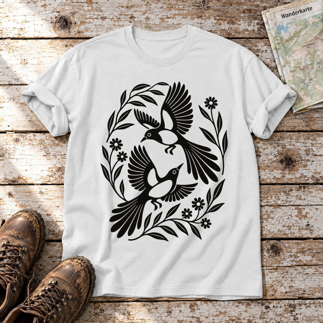 Elsternpaar im Scherenschnitt – T-Shirt Unisex in Weiß, flach liegend auf alten Holzbrettern mit Wanderschuhen und Wanderkarte.