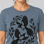 Nahaufnahme des Drucks: Elsternpaar im Scherenschnitt – T-Shirt Unisex in Steinblau, von einer Frau getragen