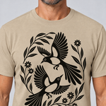 Nahaufnahme des Drucks: Elsternpaar im Scherenschnitt – T-Shirt Unisex in Sand, von einem Mann getragen