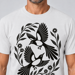 Nahaufnahme des Drucks: Elsternpaar im Scherenschnitt – T-Shirt Unisex in Weiß, von einem Mann getragen