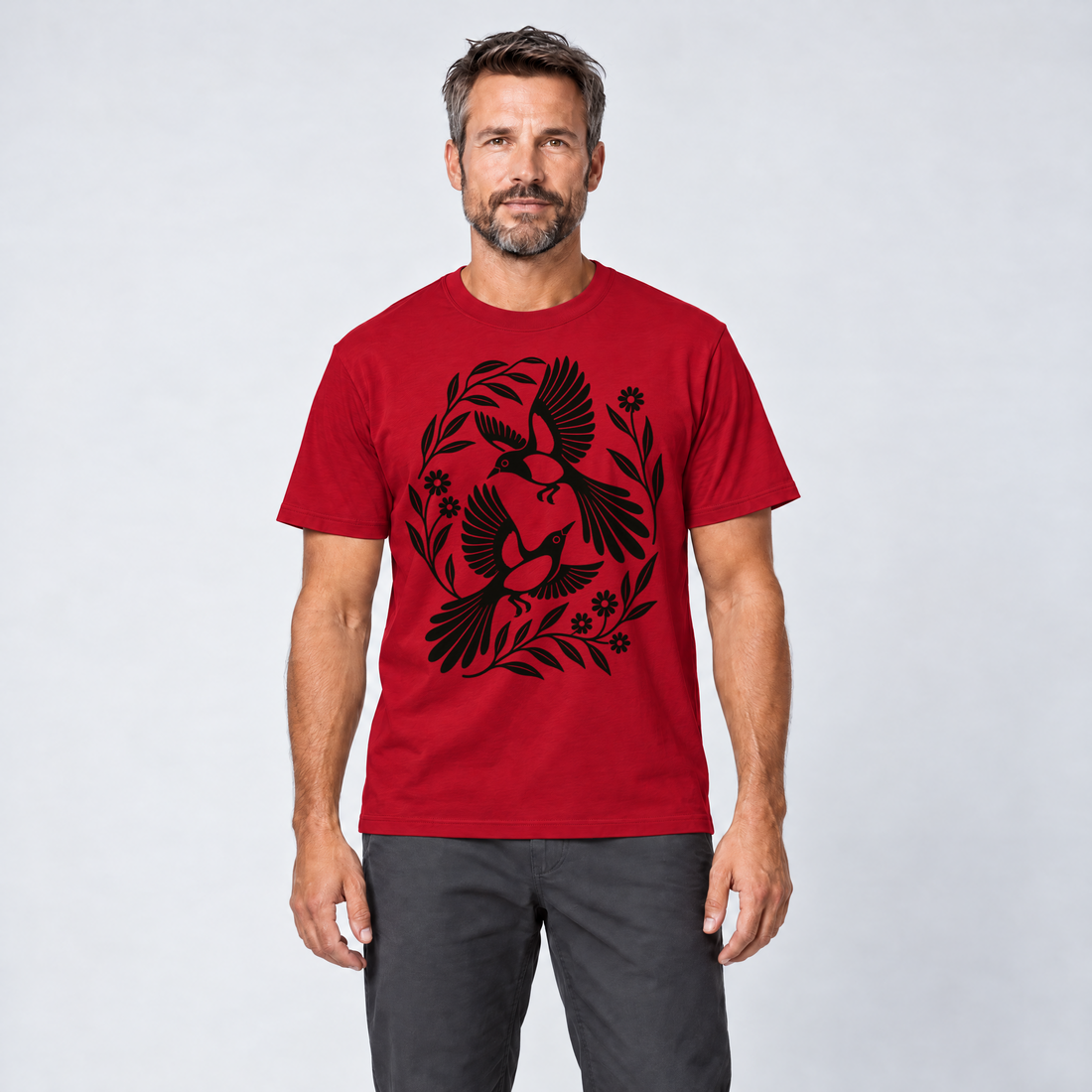Mann trägt Elsternpaar im Scherenschnitt – T-Shirt Unisex in Rot, Ansicht von vorn
