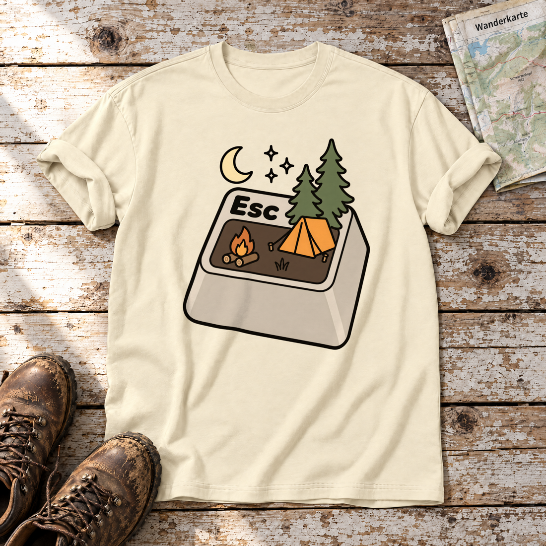 Esc – T-Shirt Unisex in Natur, flach liegend auf alten Holzbrettern mit Wanderschuhen und Wanderkarte.