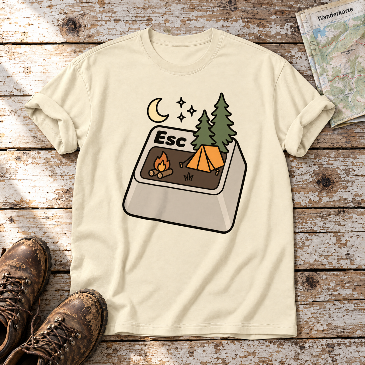 Esc – T-Shirt Unisex in Natur, flach liegend auf alten Holzbrettern mit Wanderschuhen und Wanderkarte.