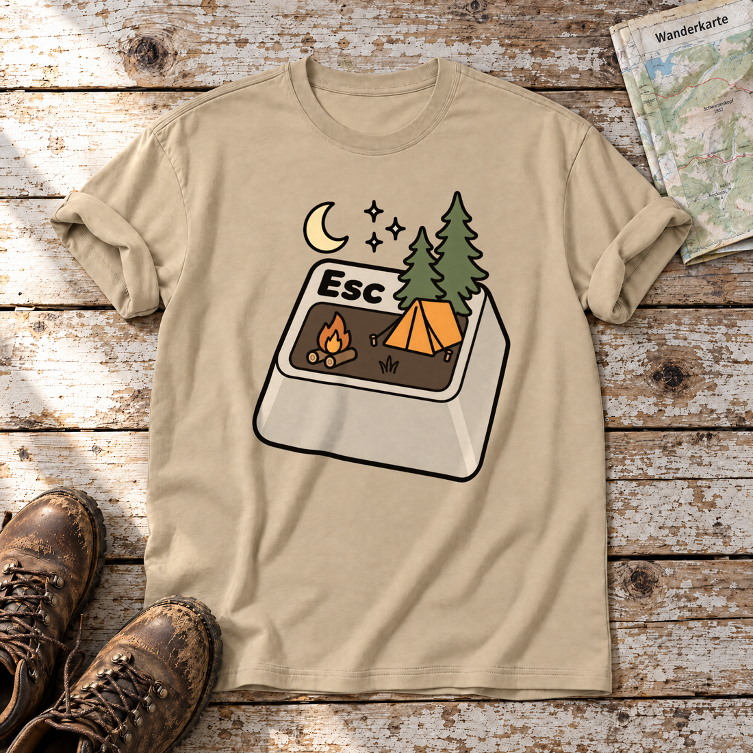 Esc – T-Shirt Unisex in Sand, flach liegend auf alten Holzbrettern mit Wanderschuhen und Wanderkarte.