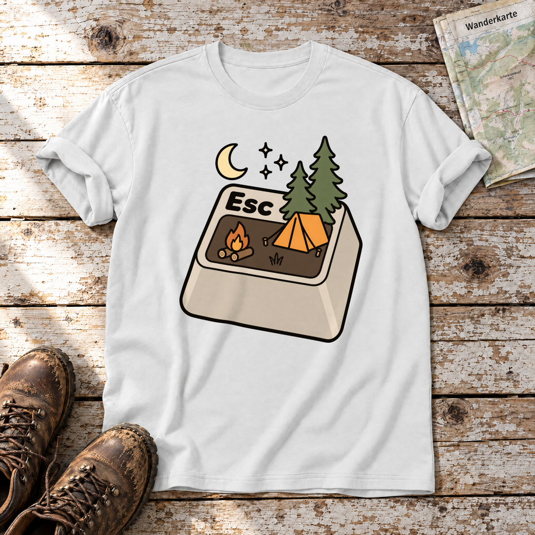 Esc – T-Shirt Unisex in Weiß, flach liegend auf alten Holzbrettern mit Wanderschuhen und Wanderkarte.