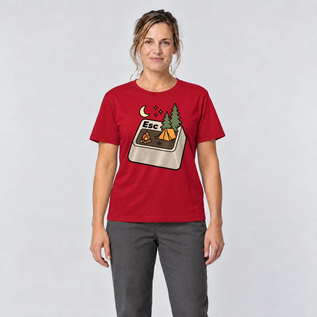 Frau trägt Esc – T-Shirt Unisex in Rot, Ansicht von vorn