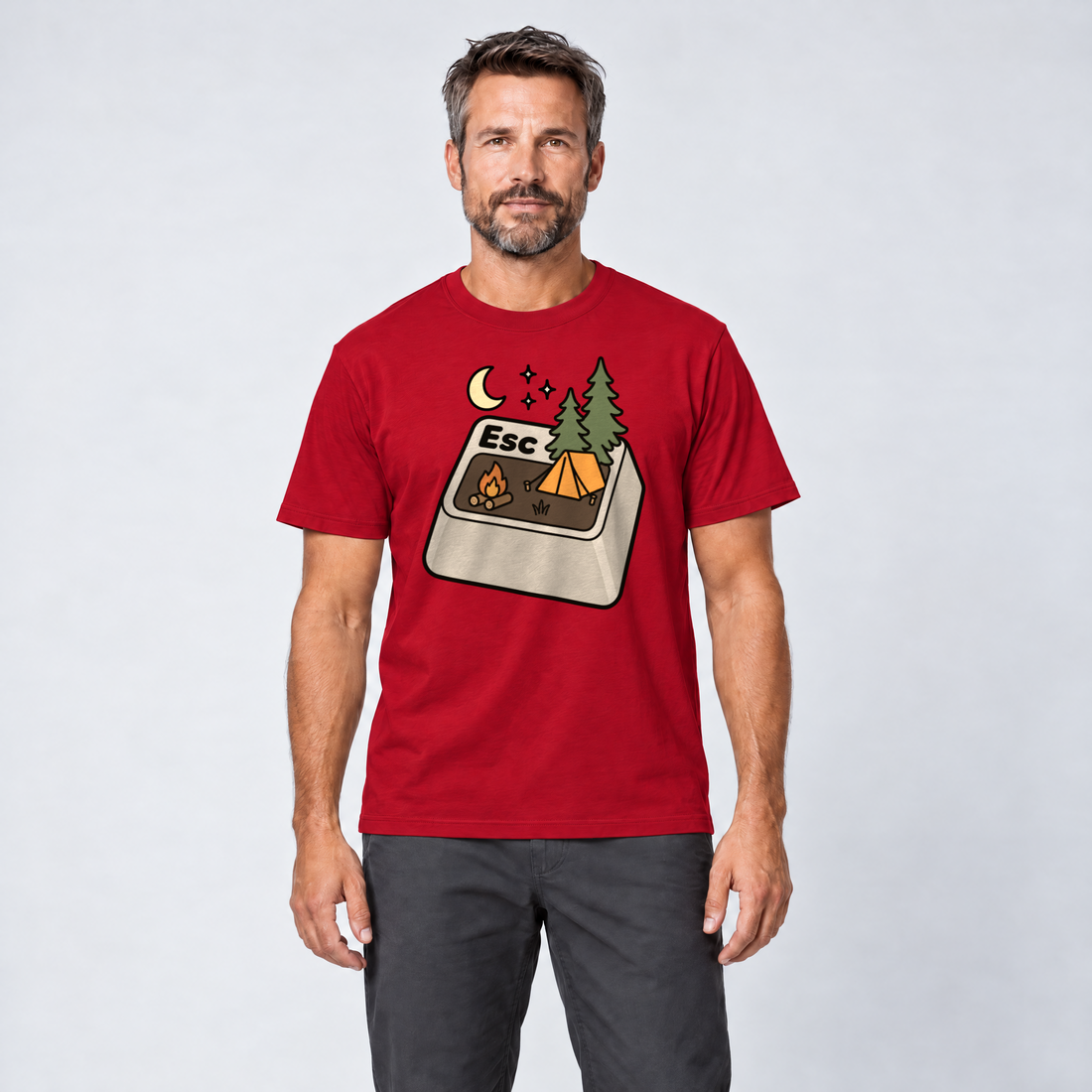Mann trägt Esc – T-Shirt Unisex in Rot, Ansicht von vorn