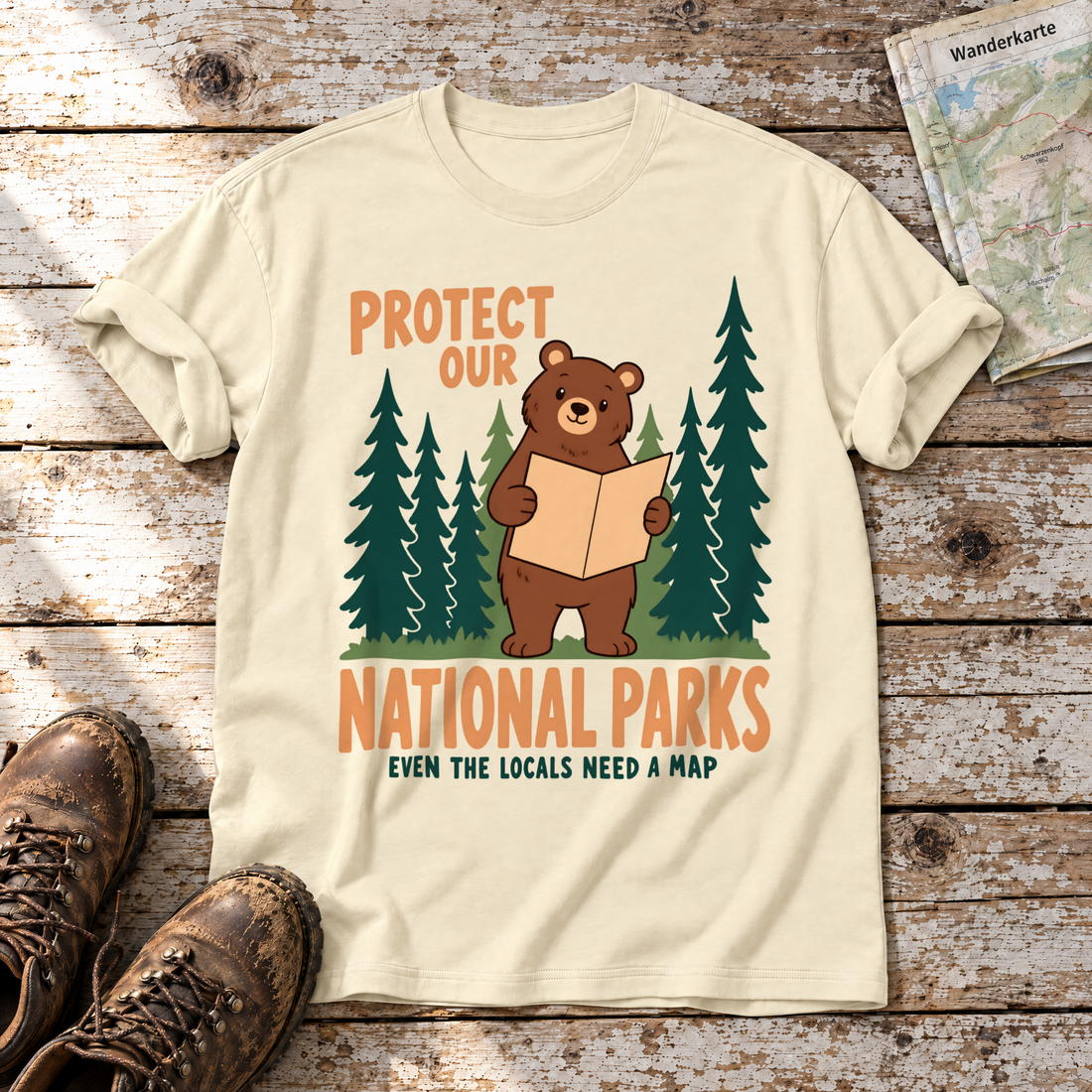 Even the Locals Need a Map – T-Shirt Unisex in Natur, flach liegend auf alten Holzbrettern mit Wanderschuhen und Wanderkarte.