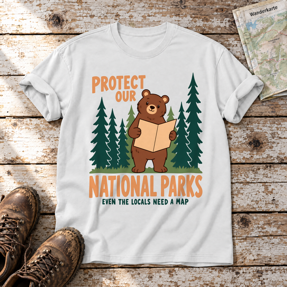 Even the Locals Need a Map – T-Shirt Unisex in Weiß, flach liegend auf alten Holzbrettern mit Wanderschuhen und Wanderkarte.