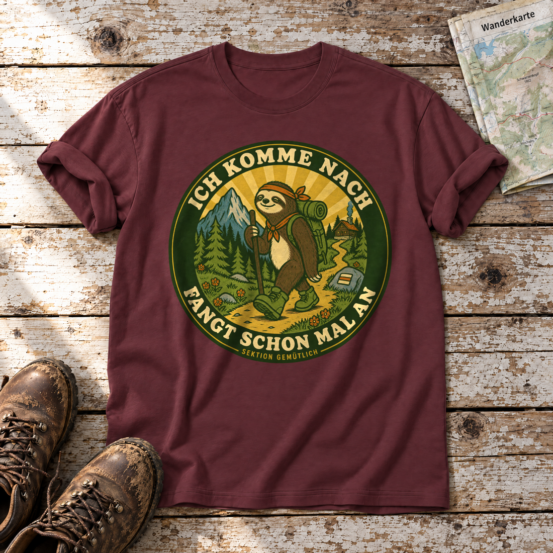Fangt schon mal an – T-Shirt Unisex in Bordeaux, flach liegend auf alten Holzbrettern mit Wanderschuhen und Wanderkarte.