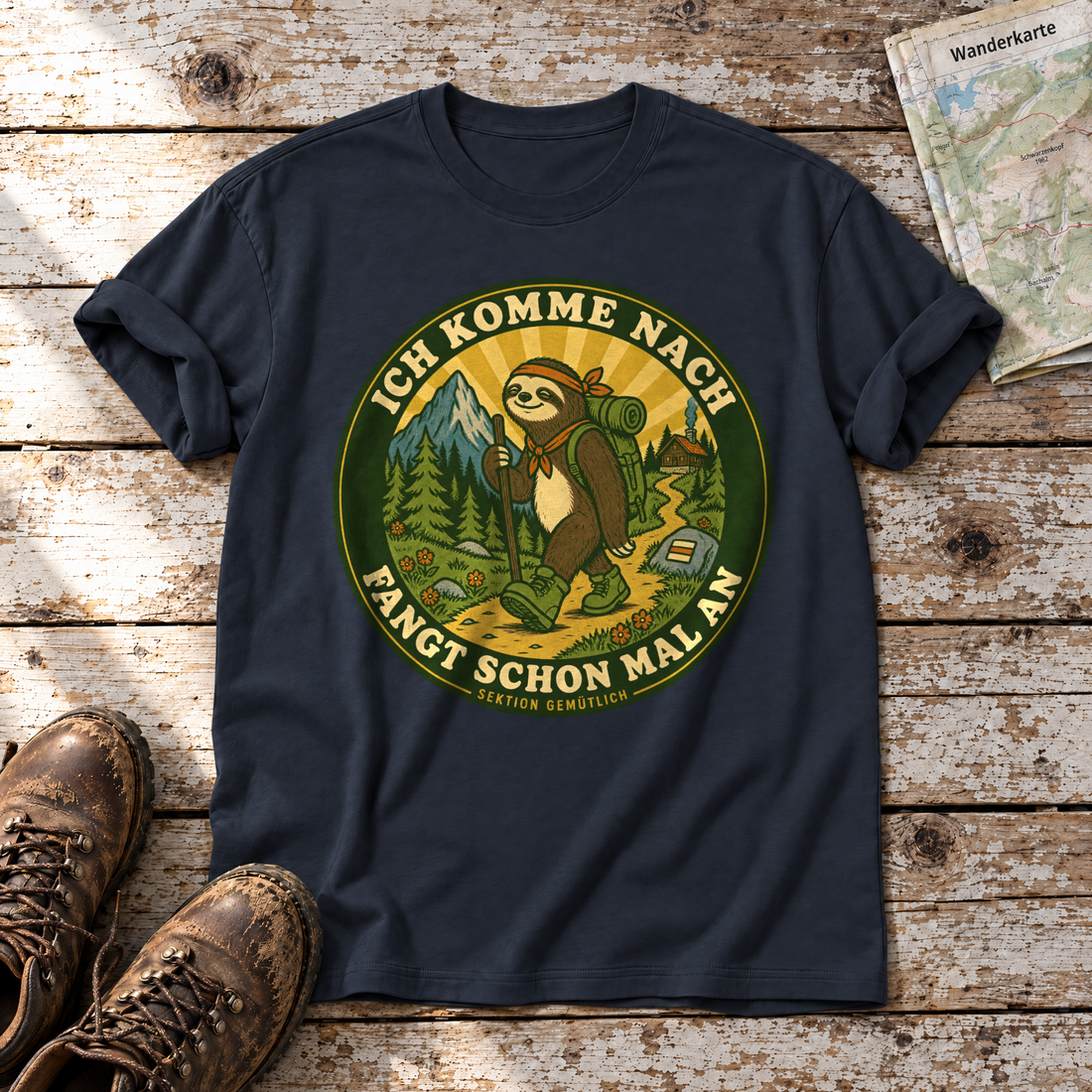 Fangt schon mal an – T-Shirt Unisex in Navy, flach liegend auf alten Holzbrettern mit Wanderschuhen und Wanderkarte.