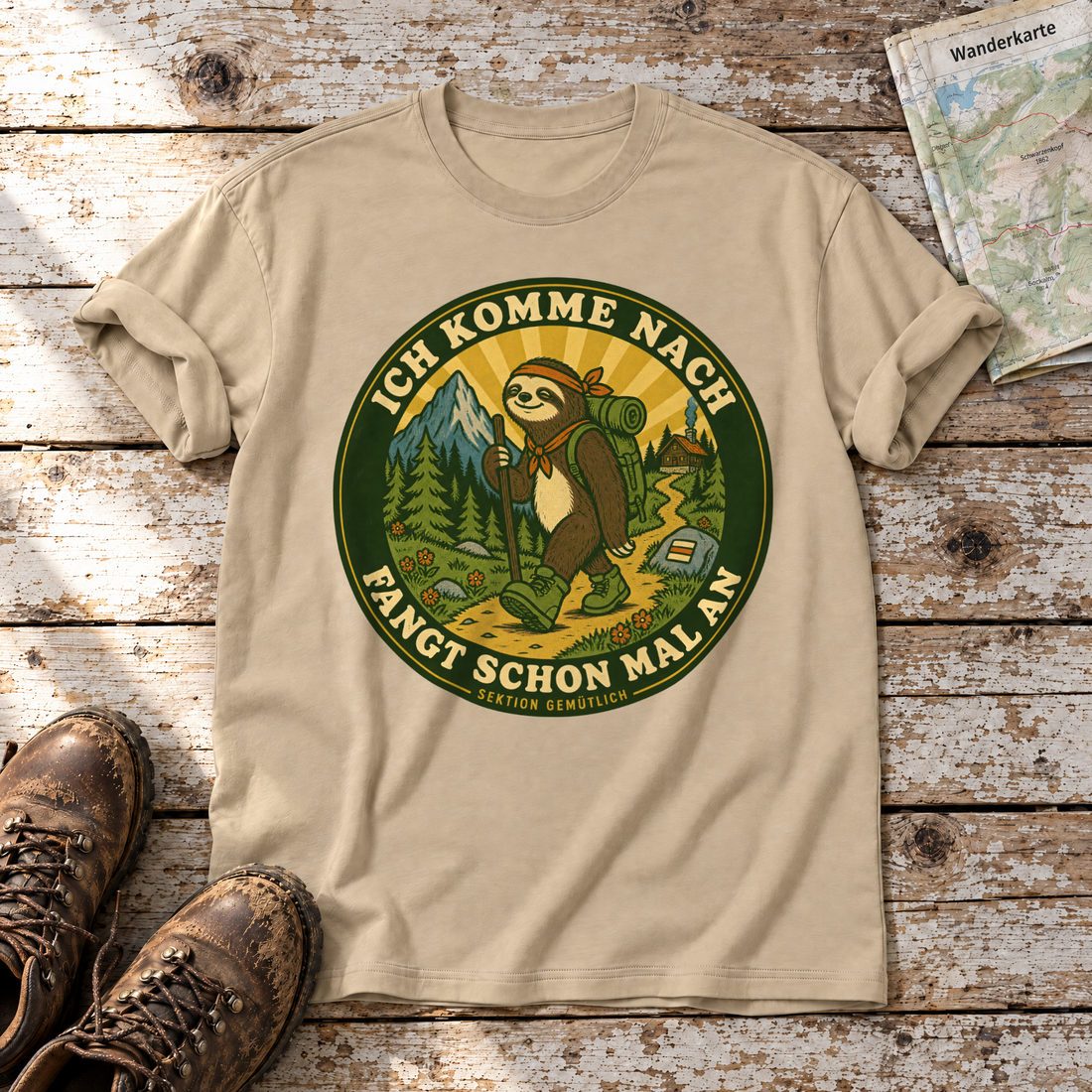 Fangt schon mal an – T-Shirt Unisex in Sand, flach liegend auf alten Holzbrettern mit Wanderschuhen und Wanderkarte.