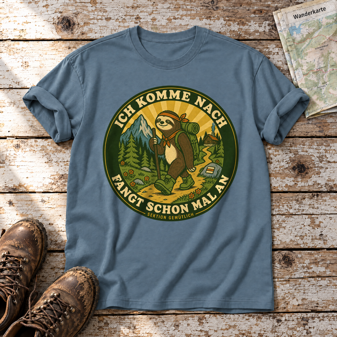 Fangt schon mal an – T-Shirt Unisex in Steinblau, flach liegend auf alten Holzbrettern mit Wanderschuhen und Wanderkarte.