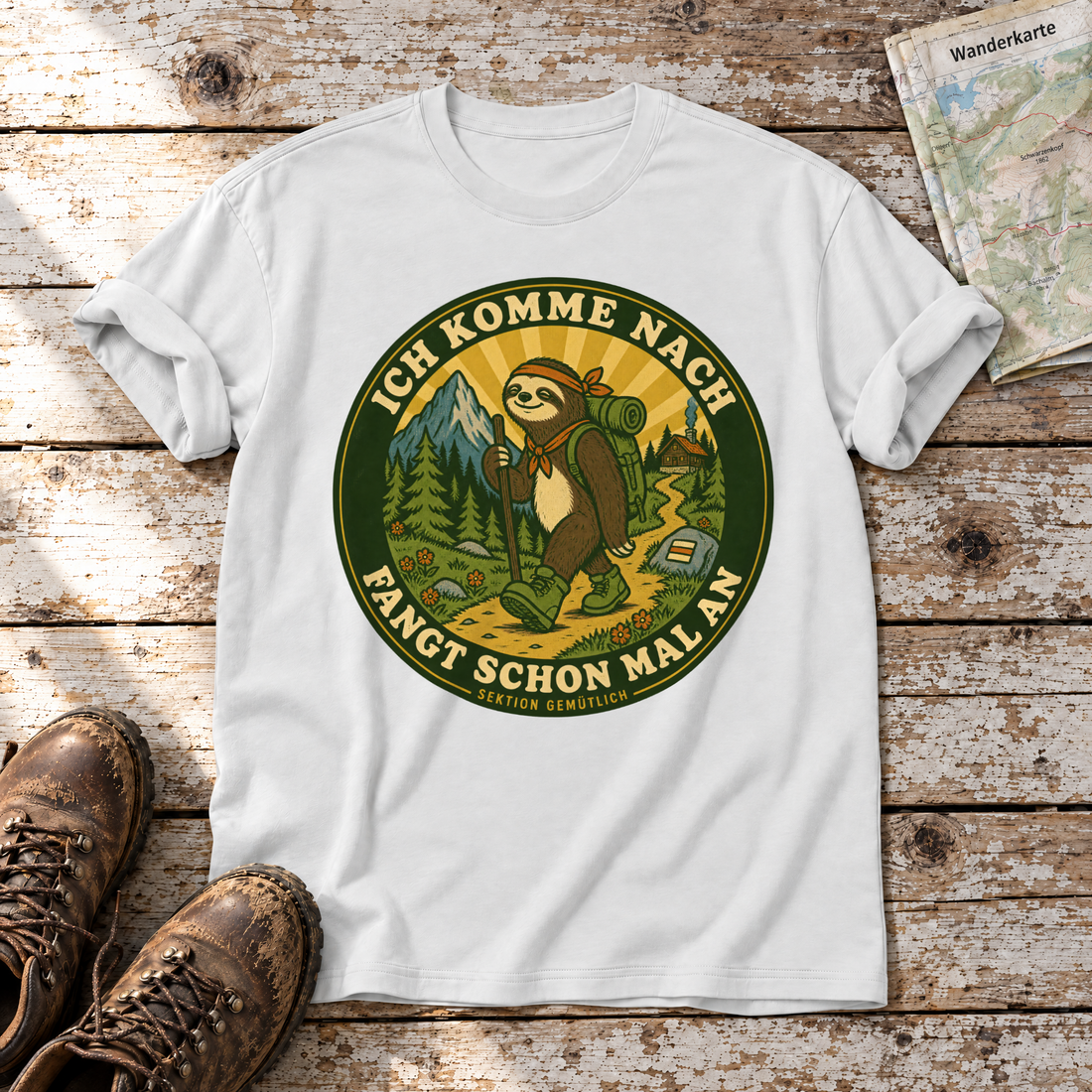 Fangt schon mal an – T-Shirt Unisex in Weiß, flach liegend auf alten Holzbrettern mit Wanderschuhen und Wanderkarte.