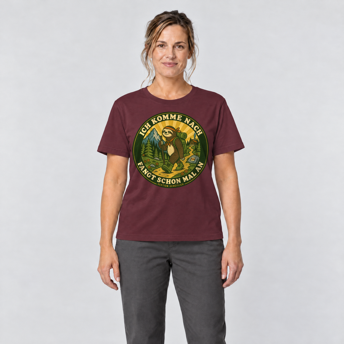 Frau trägt Fangt schon mal an – T-Shirt Unisex in Bordeaux, Ansicht von vorn