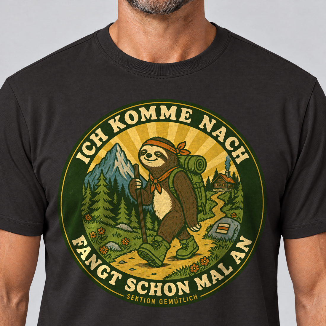 Nahaufnahme des Drucks: Fangt schon mal an – T-Shirt Unisex in Schwarz, von einem Mann getragen