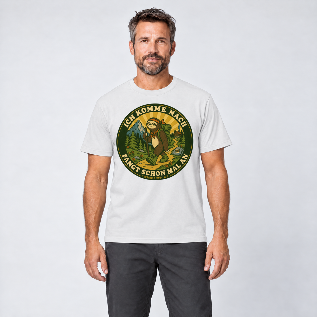 Mann trägt Fangt schon mal an – T-Shirt Unisex in Weiß, Ansicht von vorn