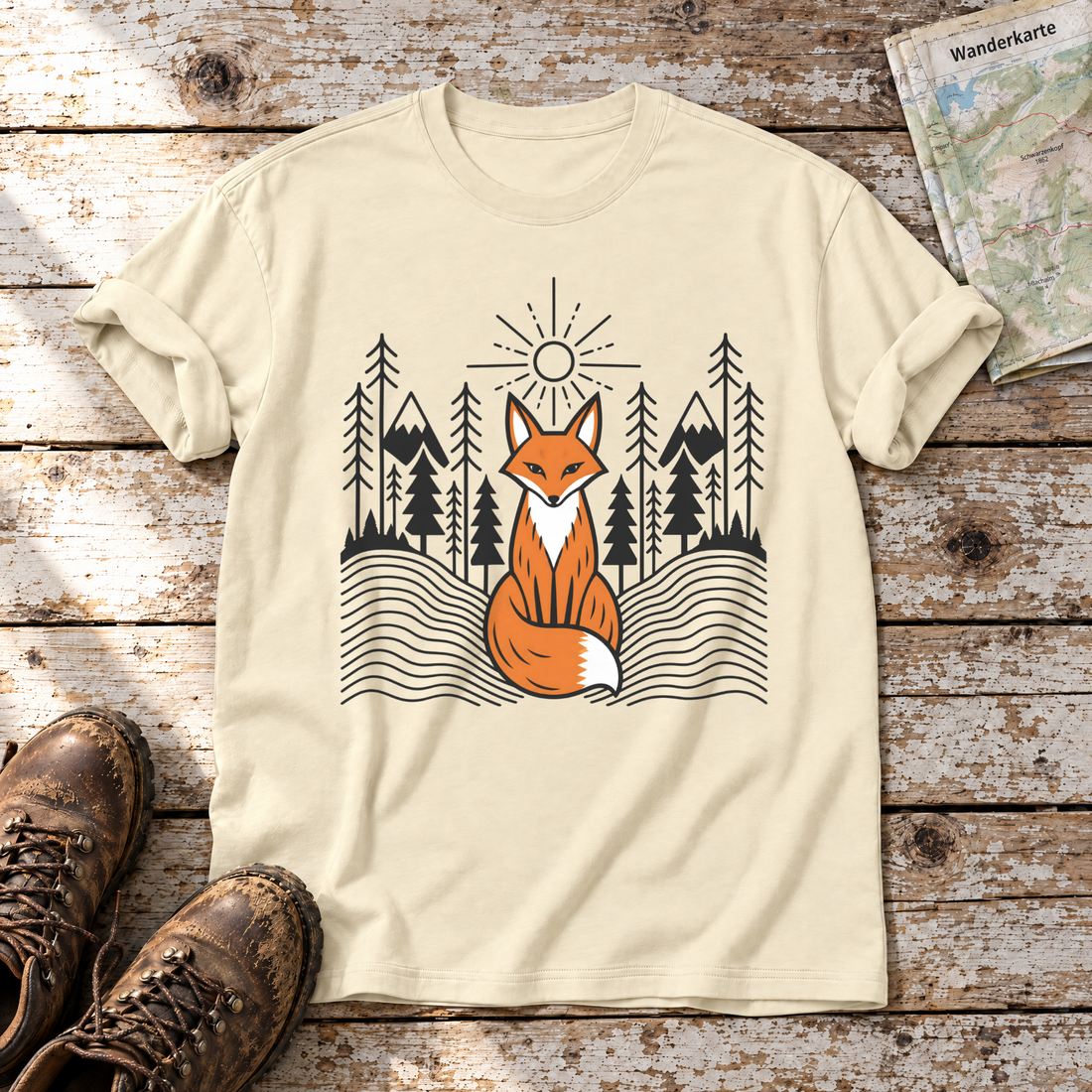 Fuchs im Tannenwald – T-Shirt Unisex in Natur, flach liegend auf alten Holzbrettern mit Wanderschuhen und Wanderkarte.