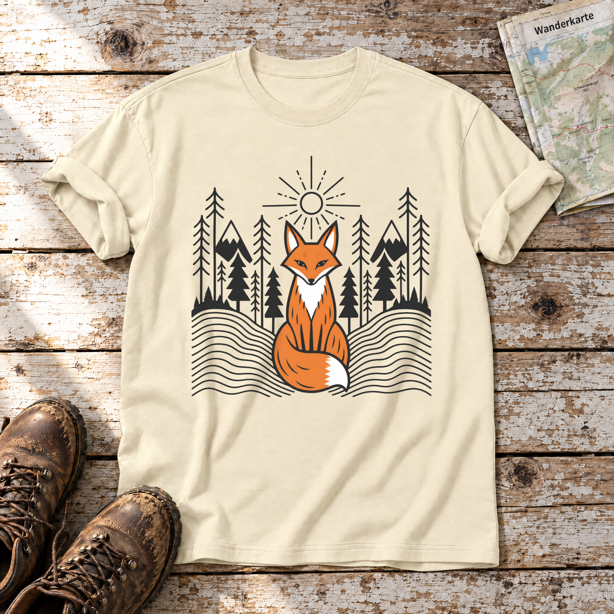 Fuchs im Tannenwald – T-Shirt Unisex in Natur, flach liegend auf alten Holzbrettern mit Wanderschuhen und Wanderkarte.