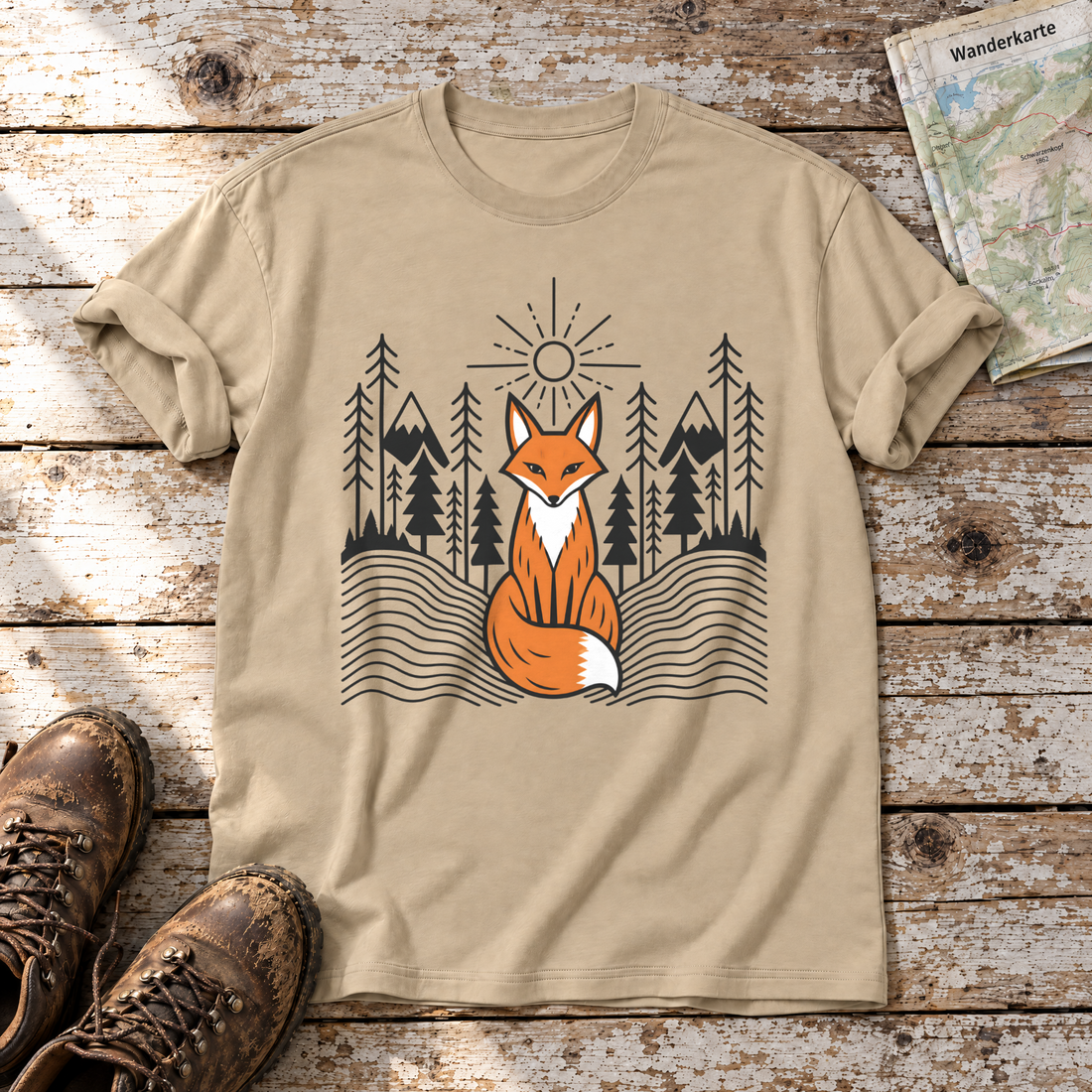 Fuchs im Tannenwald – T-Shirt Unisex in Sand, flach liegend auf alten Holzbrettern mit Wanderschuhen und Wanderkarte.