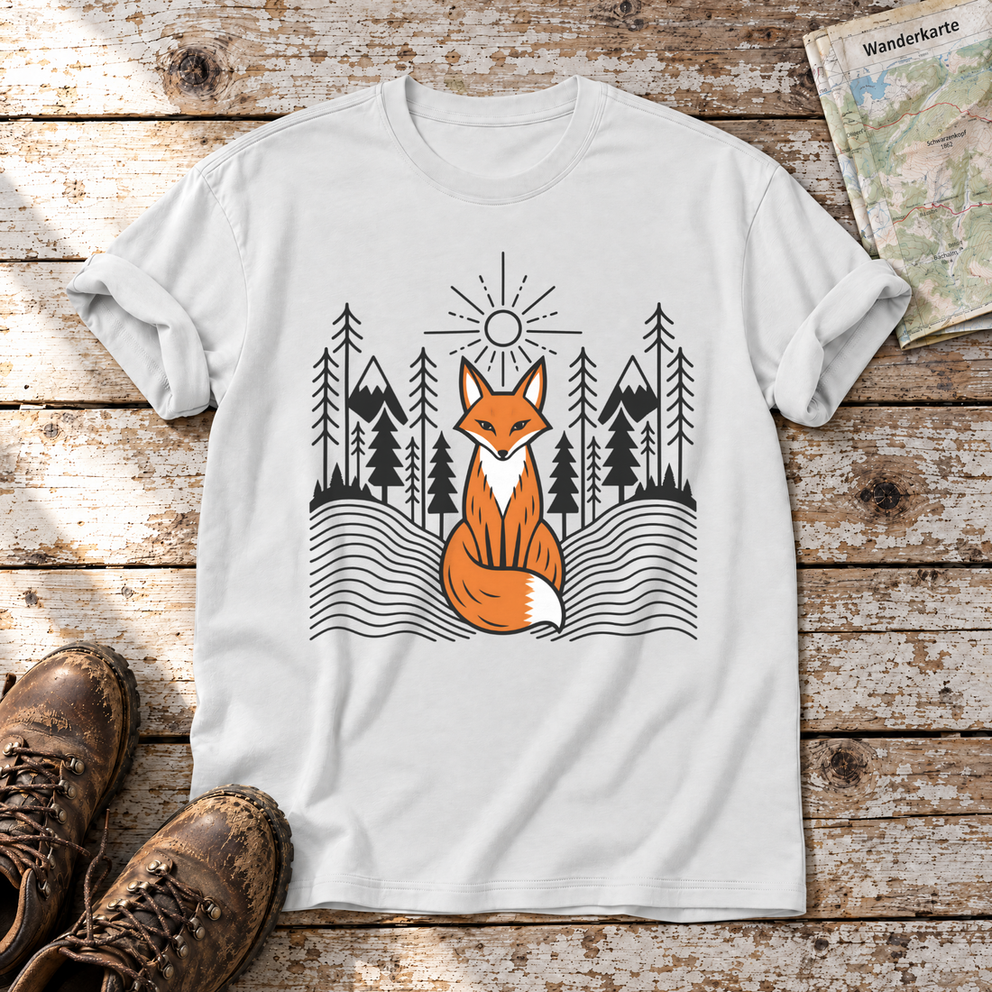 Fuchs im Tannenwald – T-Shirt Unisex in Weiß, flach liegend auf alten Holzbrettern mit Wanderschuhen und Wanderkarte.