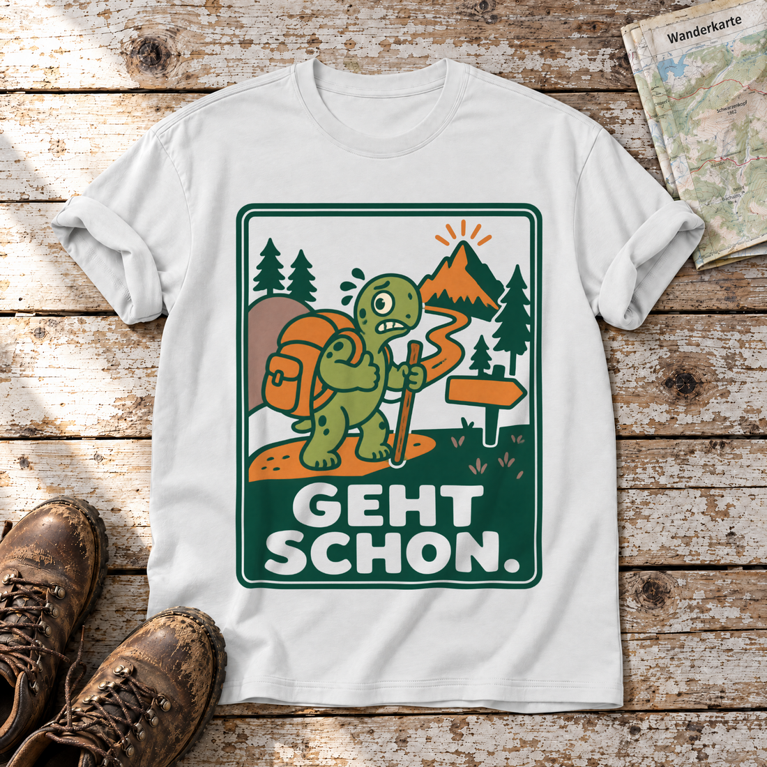 Geht schon – T-Shirt Unisex in Weiß, flach liegend auf alten Holzbrettern mit Wanderschuhen und Wanderkarte.