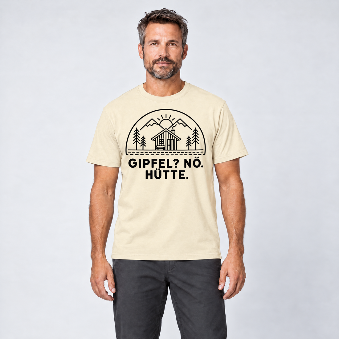 Mann trägt Gipfel? Nö. Hütte. – T-Shirt Unisex in Natur, Ansicht von vorn