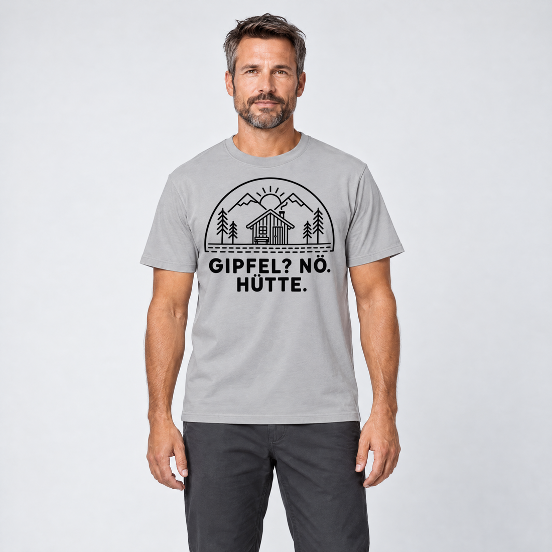 Mann trägt Gipfel? Nö. Hütte. – T-Shirt Unisex in Hellgrau, Ansicht von vorn