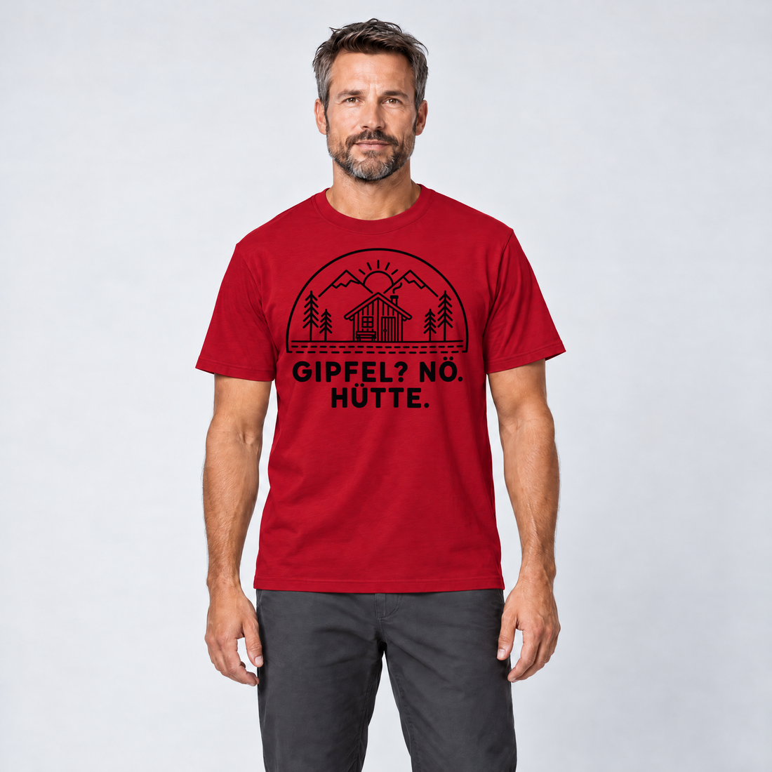 Mann trägt Gipfel? Nö. Hütte. – T-Shirt Unisex in Rot, Ansicht von vorn