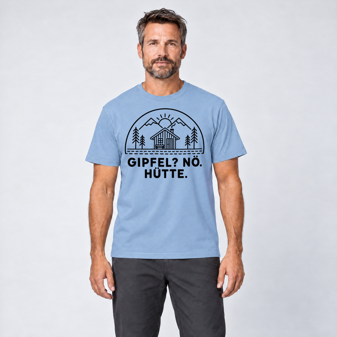 Mann trägt Gipfel? Nö. Hütte. – T-Shirt Unisex in Himmelblau, Ansicht von vorn