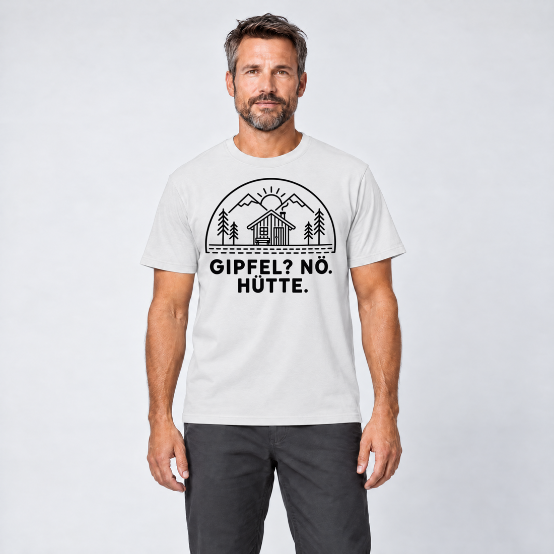 Mann trägt Gipfel? Nö. Hütte. – T-Shirt Unisex in Weiß, Ansicht von vorn