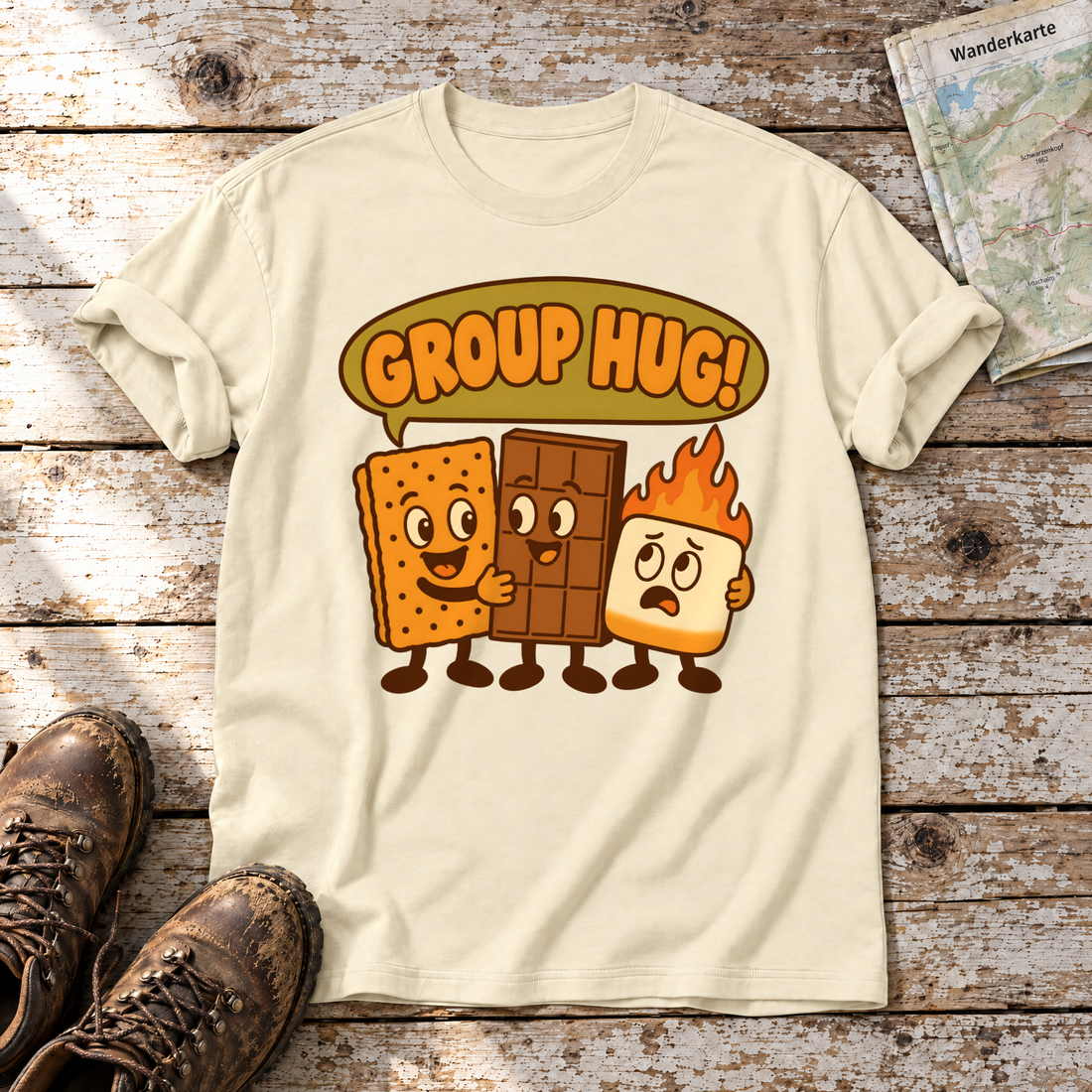 Group Hug – T-Shirt Unisex in Natur, flach liegend auf alten Holzbrettern mit Wanderschuhen und Wanderkarte.