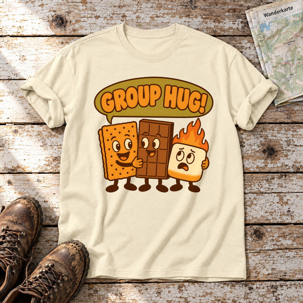 Group Hug – T-Shirt Unisex in Natur, flach liegend auf alten Holzbrettern mit Wanderschuhen und Wanderkarte.